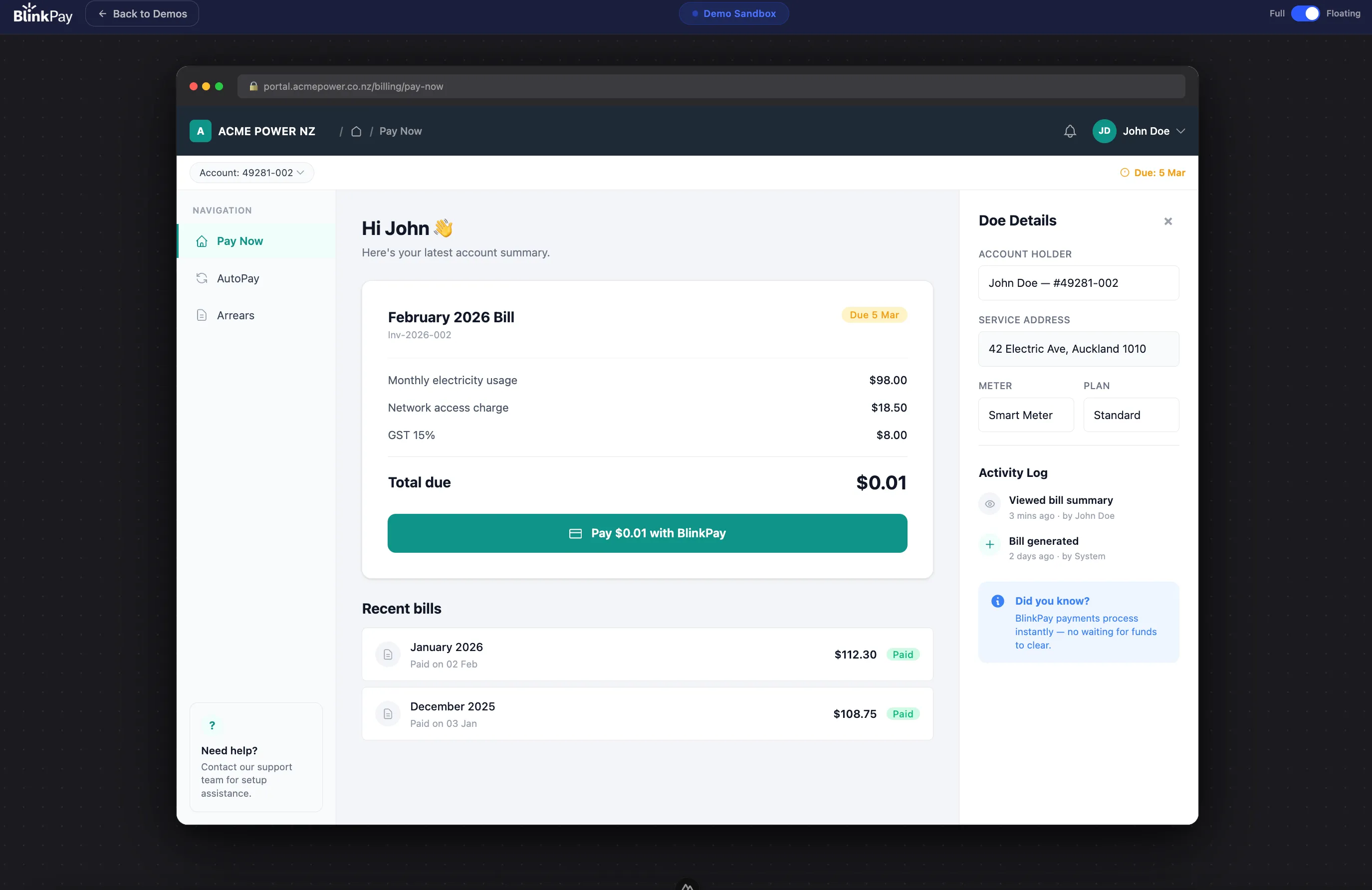 Acme Power NZ billing dashboard preview